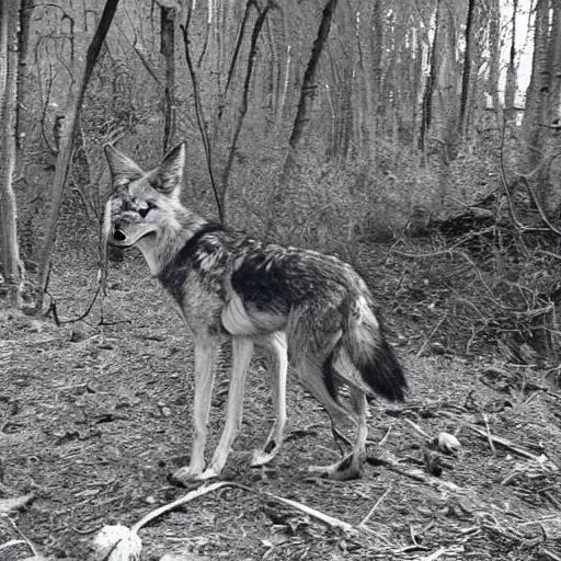 Image similar to black and white trailcam footage of native weird distorted human body Skinwalker transforming into a coyote