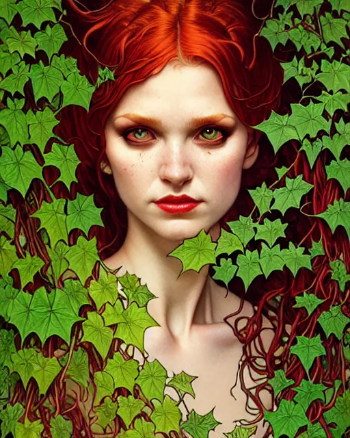 Image similar to closeup portrait the platonic ideal of flowers and ivy, poison ivy, beautiful succubus, intricate, hyperrealism, intense, dmt, artgerm, moebius, greg rutkowski, dan mumford, alphonse mucha