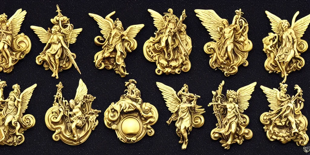 Image similar to goblin commander pagans baroque marble and gold medallions in space clouds winged angels greeks, baroque and rococo ornaments, decorative golden elements, ultrarealistic