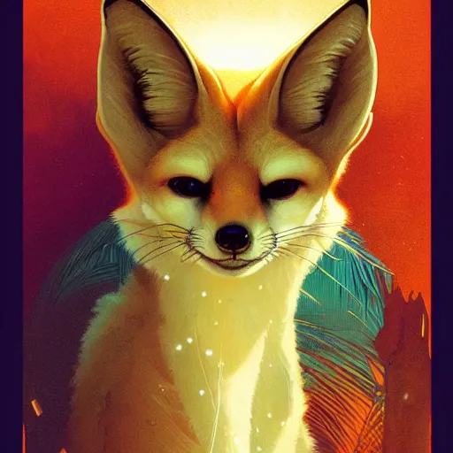 Prompt: fennec fox, miami vice, beautiful glowing lights, stunning, intricate, elegant. highly detailed, digital painting. artstation. smooth. sharp focus. illustration. art by greg rutkowski and alphonse mucha