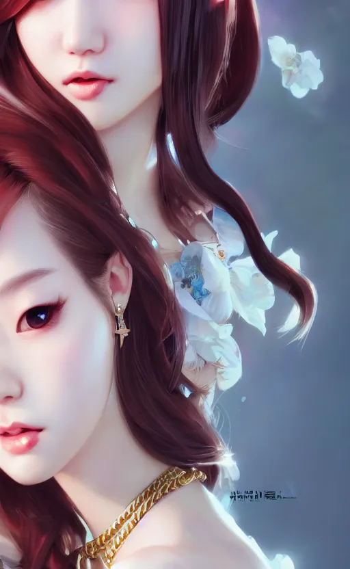 Image similar to a pin up and beautiful fashion charming dreamlke korea girl with lv jewelry, character art, art by artgerm lau and kyoung hwan kim and and ilya kuvshinov and john singer sargent, hyperdetailed, 8 k realistic, symmetrical, frostbite 3 engine, cryengine, dof, trending on artstation, digital art