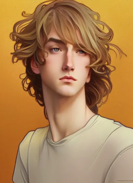 Image similar to pretty young man with shoulder length shiny shimmering golden blond hair, path traced, highly detailed, high quality, digital painting, by studio ghibli and alphonse mucha, leesha hannigan, makoto shinkai, disney