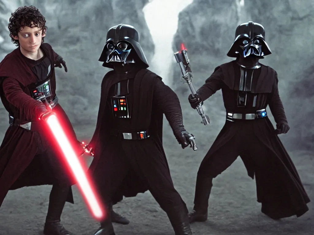 Prompt: Elijah Wood Frodo vs Darth Vader in lightsaber combat