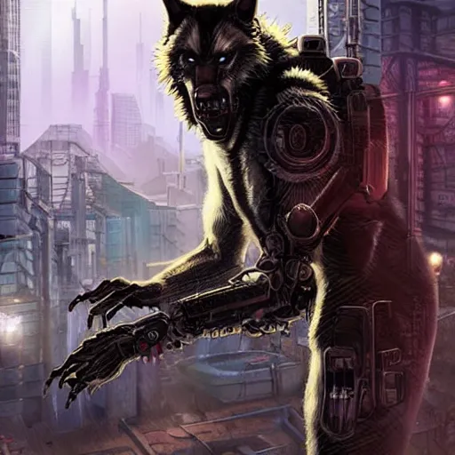 Image similar to werewolf cyborg in cyberpunk city