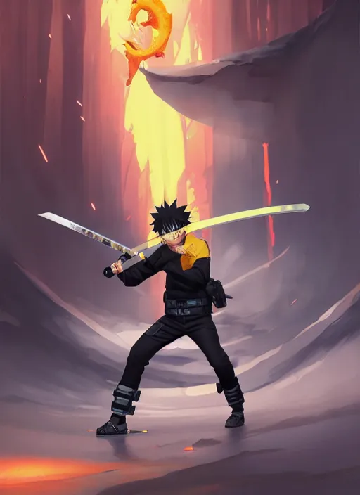 Image similar to highly detailed katana wielding naruto uzumaki with black hair, fighting with polish policeman art by greg rutkowski, loish, rhads, ferdinand knab, makoto shinkai and lois van baarle, ilya kuvshinov, rossdraws, tom bagshaw, global illumination, radiant light, detailed and intricate environment