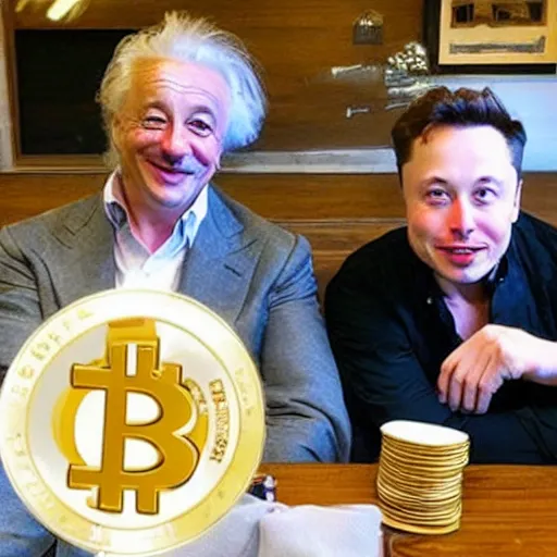 Prompt: photo of elon musk and albert einstein sitting next to each other at a table with stacks of dogecoin