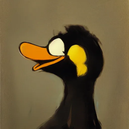 Image similar to portrait of an emotional daffy duck, by jeremy mann, anders zorn.