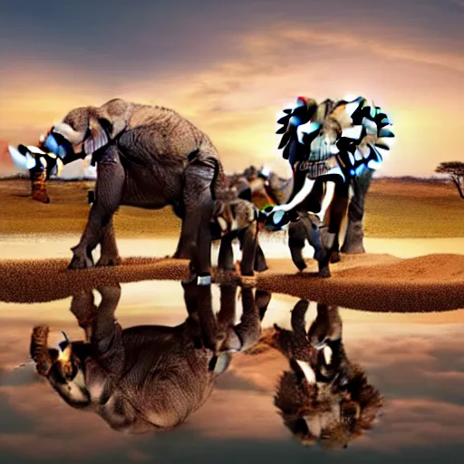 Prompt: a group of African elephants drinking out of an oasis. Instead of land, they are on a person's belly. The belly is surrounded by water. Golden hour