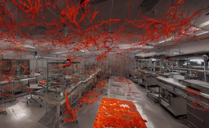 Prompt: a stunning photo of a dark sci-fi biosafety level 4 laboratory belonging to a company called Relith Science, with rows of glass containers holding different specimens of amorphous creatures made of blood clots, dark, volumetric light, red, cyan, orange, mist, ultra-detail, unreal engine 5, photorealistic