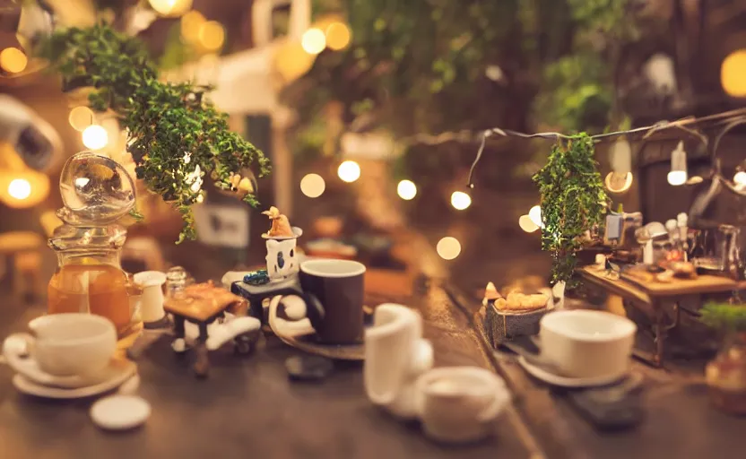 Image similar to mini cafe for mice diorama macro photography, ambient, atmospheric photograph, bokeh, string lights, hanging plants, coffee, pastries