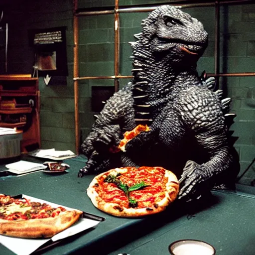 Prompt: godzilla eating pizza in a torture chamber,