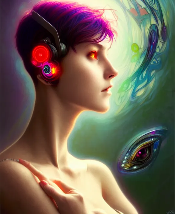 Image similar to a whirlwind of souls rushing inside the metaverse, half body, jewelry, fashionable short haircut, headset, android, cyborg, cyberpunk face, by loish, d & d, fantasy, intricate, elegant, highly detailed, colorful, vivid color, digital painting, artstation, concept art, art by artgerm and greg rutkowski and alphonse mucha