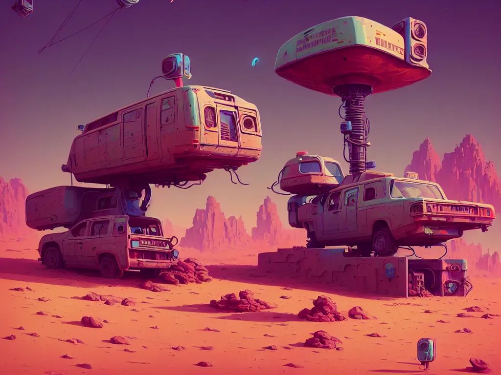 Image similar to 80s outdoor retro arcade, desolate, desert vegetation:: Simon Stålenhag and beeple and James Gilleard and Justin Gerard :: ornate, dynamic, particulate, intricate, elegant, highly detailed, centered, artstation, smooth, sharp focus, octane render, 3d