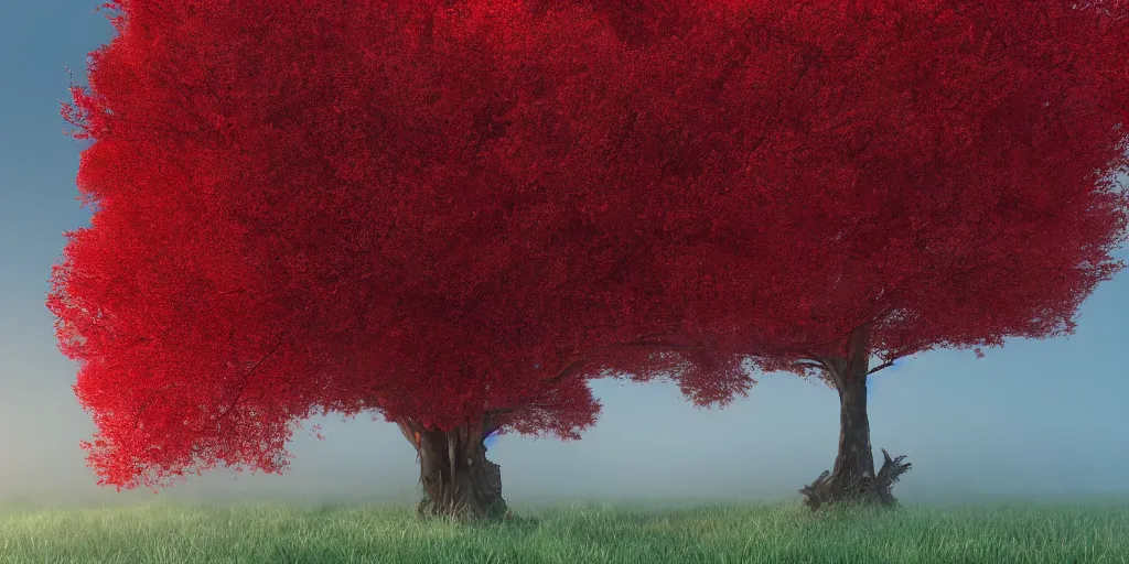 Image similar to a big red tree in the middle of a battlefield near a bunch of red flowers at sunrise, hyperrealistic, concept art, octane render, unreal engine 5, trending on Artstation, high quality, 8K, dramatic lighting, cinematic, high coherence, highly detailed, Midjourney style, epic scene, path traced, low contrast, complementary colors