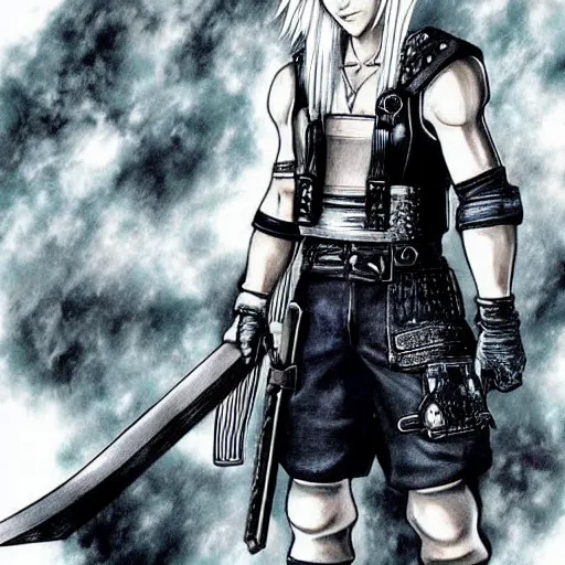 Image similar to Higly detailed illustration of Cloud Strife of FFVII, epic