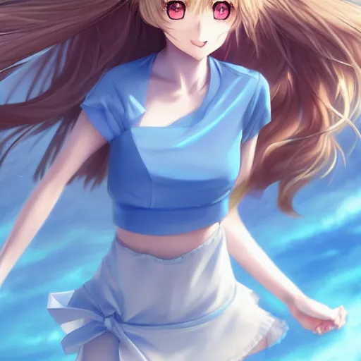 Prompt: a very beautiful anime cute girl, full body, long wavy blond hair, sky blue eyes, full round face, short smile, tight top, miniskirt, front view, medium shot, mid-shot, highly detailed, cinematic wallpaper by Stanley Artgerm Lau