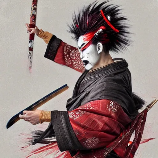 Image similar to an epic portrait of insane kabuki male wielding a spear and doing the nirami covered in a magical mist of insanity, intricate hakama, poofy red wig, eerie, highly detailed, dark fantasy, art by artgerm and greg rutkowski