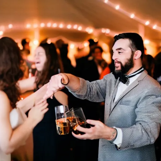 Prompt: two people trying to talk while dancing holding a glass of whiskey at a wedding part