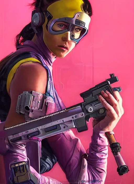 Prompt: beautiful cyberpunk female athlete wearing pink jumpsuit and firing a futuristic yellow belt fed automatic pistol. advertisement for pistol. cyberpunk ad poster by james gurney, azamat khairov, and alphonso mucha. artstationhq. gorgeous face. painting with vivid color, cell shading. buy now! ( rb 6 s, cyberpunk 2 0 7 7 )