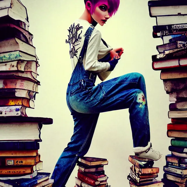 Image similar to full body pose, beautiful adult fairy, short white hair shaved sides, dirty, grungy, grunge, long sleeve, painted overalls, stacks of giant books, highly detailed, 4 k, hdr, smooth, sharp focus, high resolution, award - winning photo, artgerm, photorealistic