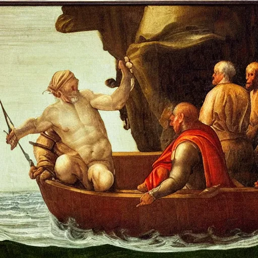 Image similar to a renaissance oli painting of an old man in a skiff at sea. The old man is the center of the painting, and the focus of the composition. He is shown in profile, with his back to the viewer. He is leaning back, using all his strength to reel in the marlin. His face is sweaty and strained, and his arms are shaking. The marlin is huge, and its body is thrashing around in the water. The boat is small and insignificant compared to the marlin, and it is being pulled towards the fish. The painting is rendered in a realistic style, with accurate details and lifelike colors. The brushwork is loose and expressive, conveying the movement and energy of the scene. The overall effect is one of drama and suspense. The water in the painting is a deep blue color. It is choppy and turbulent, reflecting the struggle of the old man and the marlin.