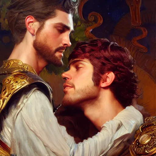 Image similar to attractive fully clothed king confesses his love for his attractive fully clothed male prince. highly detailed painting by gaston bussiere, craig mullins, j. c. leyendecker 8 k