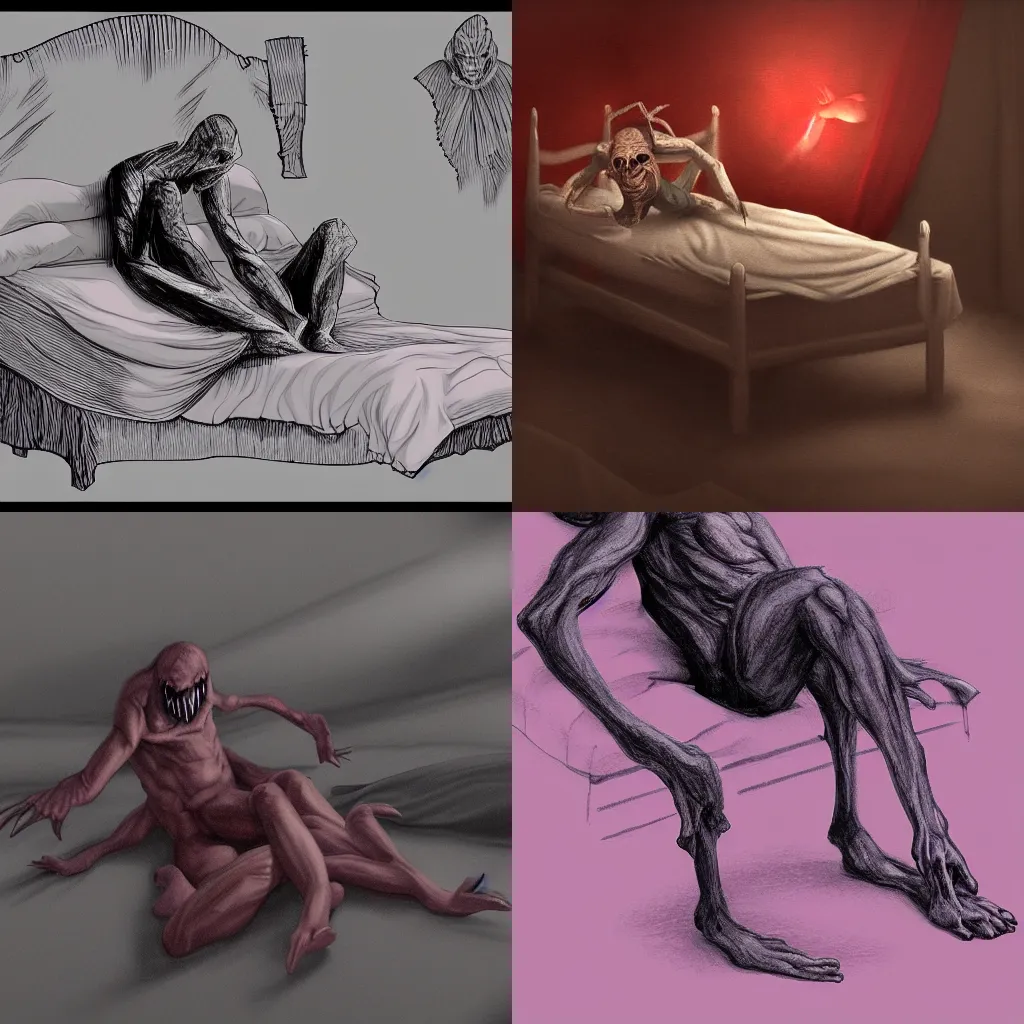 Prompt: your average sleep paralysis demon on your bed, digital art, horror