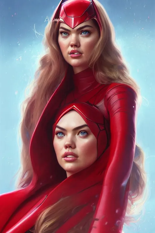 Image similar to kate upton as scarlet witch, realistic portrait, symmetrical, highly detailed, digital painting, artstation, concept art, smooth, sharp focus, illustration, cinematic lighting, art by artgerm and greg rutkowski and alphonse mucha
