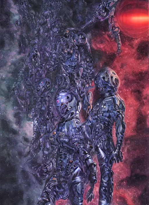 Image similar to astronauts in the dark infinite underwater void - complex and hyperdetailed technical suit, fabric material. reflection and dispersion materials. rays and dispersion of light. volumetric light. wide angle, f / 3 2. noise film photo. flash photography. ultra realistic, wide angle. poster by wayne barlowe, hajime sorayama aaron horkey, craig mullins