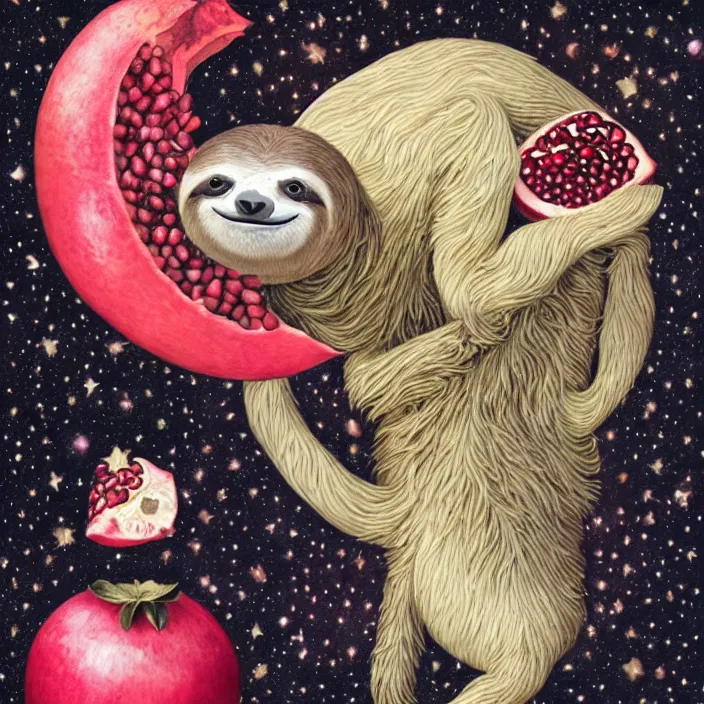 Prompt: sloth enjoying a pomegranate floating though space, starry background, surreal, dark, in the style of mark ryden