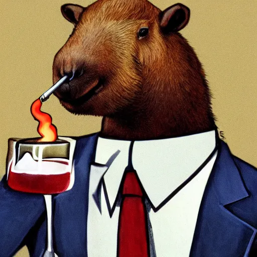 Image similar to an antropomorphic capybara wearing a suit smoking a cigar