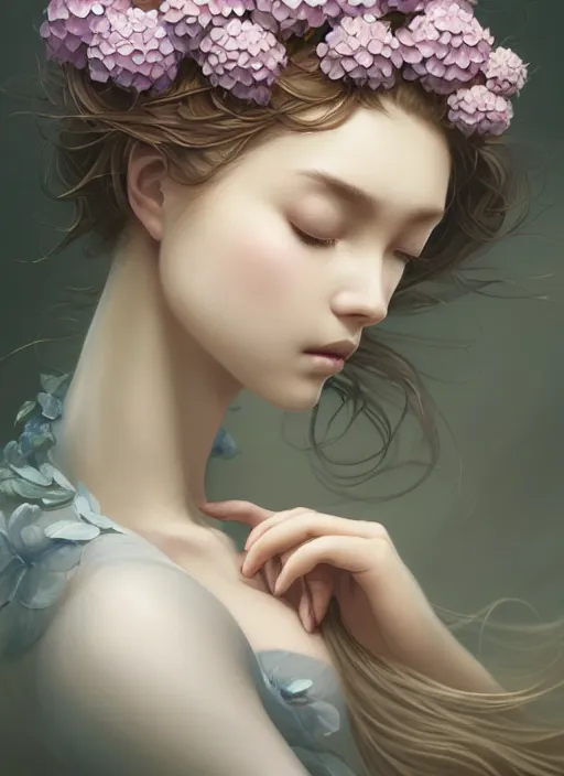 Prompt: a photographic portrait of a seductive sleeping anthropomorphic hydrangea blossom with a perfect face, fantasy, wind blowing hair, intricate, elegant, very very highly detailed, digital painting, artstation, concept art, smooth, super sharp focus, illustration, art by artgerm and greg rutkowski and fuji choko and viktoria gavrilenko and hoang lap