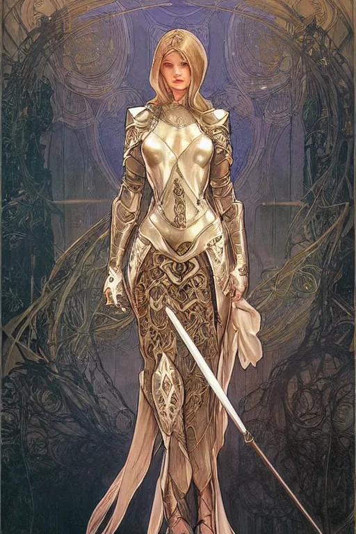 Image similar to high fantasy female knight design with light armor and spear, elegant, semi realistic,intricate, high detailed, concept art, digital illustration, by alphonse mucha, artgerm, loish