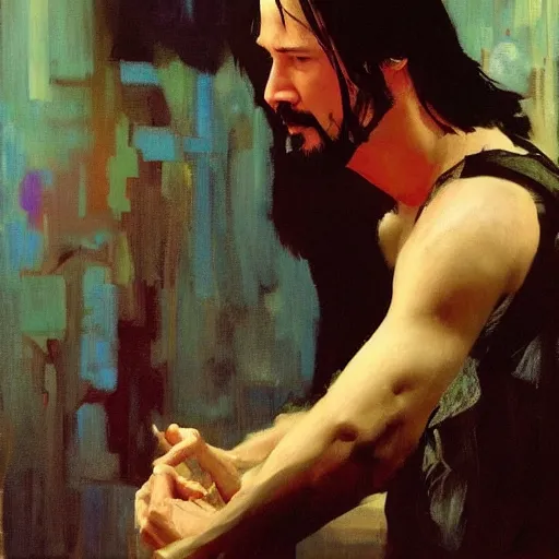 Image similar to keanu reeves, intricate, elegant, highly detailed, greg manchess, mucha, liepke, ruan jia, jeffrey catherine jones, ridley scott