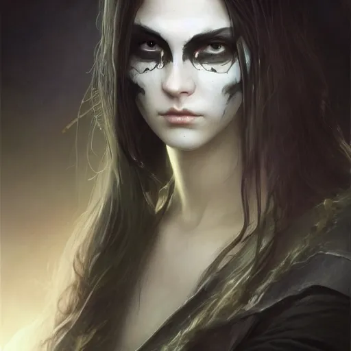 Image similar to Epic portrait, an female with a skull face, long black hair flow, digital painting, artstation, concept art, soft light, hdri, smooth, sharp focus, illustration, fantasy, intricate, elegant, highly detailed, D&D, matte painting, in the style of Greg Rutkowski and Alphonse Mucha and artemisia, 8k, highly detailed, jurgens, rutkowski, bouguereau, pastoral, rustic, georgic