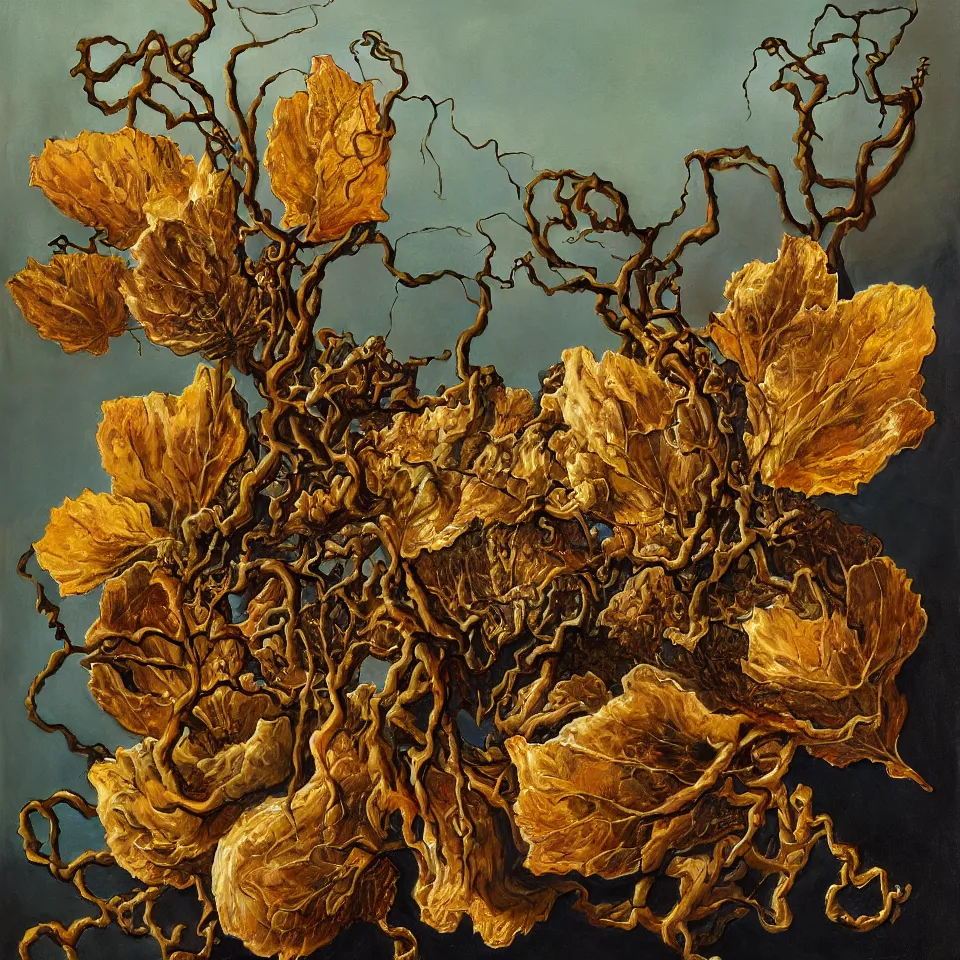 Prompt: dutch golden age bizarre withered lotus leaves portrait still life with detailed vines disturbing fractal forms sprouting up everywhere by rachel ruysch sky blue background chiaroscuro dramatic lighting perfect composition high definition 8 k oil painting with black background by christian rex van dali todd schorr of a chiaroscuro portrait recursive masterpiece