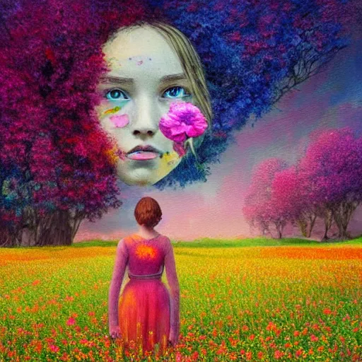 Image similar to girl with a scaled up flower as a face, surreal photography, dream, standing in flower field, hills, big trees, sunrise dramatic light, impressionist painting, colorful clouds, digital painting, pointillism, artstation, simon stalenhag, flower face