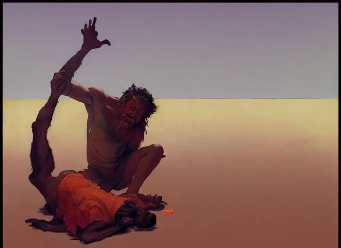 Prompt: a still from the movie cast away by francis bacon and norman rockwell and james jean, and mark brooks, triadic color scheme, by greg rutkowski, syd mead and edward hopper and norman rockwell and beksinski, dark surrealism, orange and turquoise