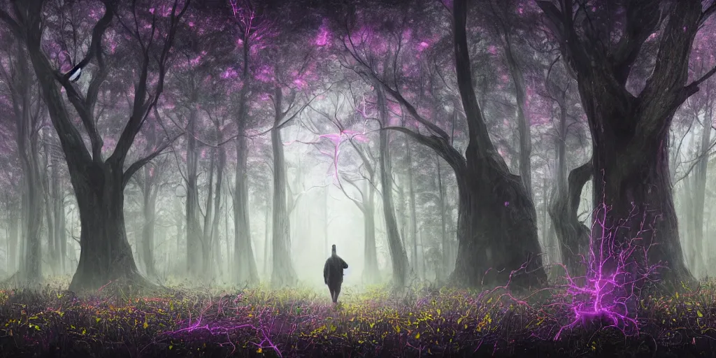 Prompt: an dark wizard of old walking through an open field with his staff in a beautiful forest of ancient neurons and pink and yellow glowing synapses running through the forest, huge incredibly immense trees, highly detailed, hyperrealism, cgsociety, 8k, fanal forest, misty forest, realistic painting, sharp image, hyper realistic art, cinematic, art by konstantin razumov, chiaroscuro