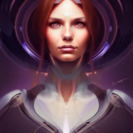 Image similar to futuristic woman portrait, sci-fi, amber eyes, face, long hair, fantasy, intricate, elegant, highly detailed, digital painting, artstation, concept art, smooth, sharp focus, illustration, art by artgerm and greg rutkowski and alphonse mucha