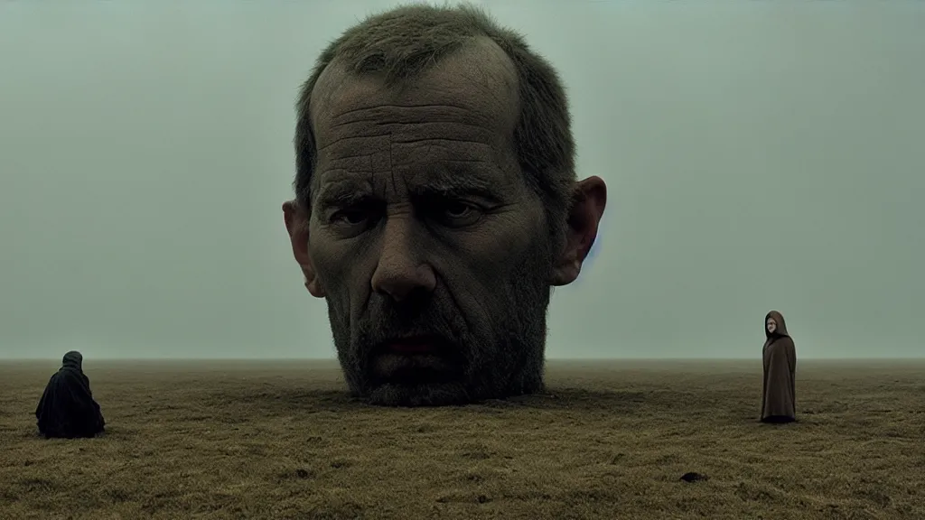 Image similar to the giant doubt, film still from the movie directed by Denis Villeneuve with art direction by Zdzisław Beksiński, wide lens