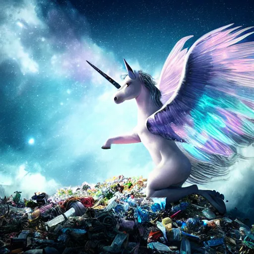 Image similar to a iridescent unicorn with wings dancing in a garbage dump, the sky has the milky way, ultra realistic, concept art, intricate details, highly detailed, photorealistic, octane render, 8 k, style of jean baptiste monge