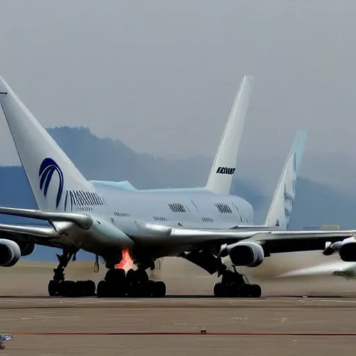 Image similar to boeing 7 4 7, weaponized, air to air missiles, minigun, military livery, combat ready