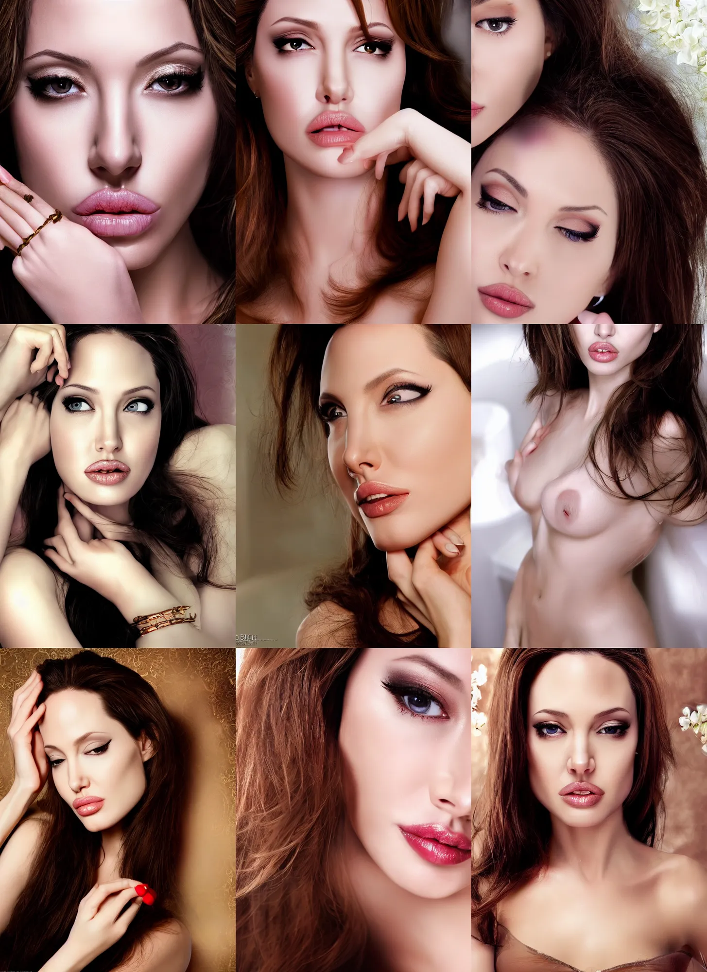 Prompt: love kiss very beautiful angeline jolie, bathroom, eyes, skinned, full shot ( fs ), wallpaper, photo, highly detailed, 8 k, bloom, full shot ( fs )