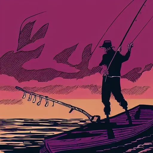 Prompt: precisely drawn illustration of fisherman fishing on a dock while the sun sets, wide angle, sharp, fine details, french comic style, vibrant realistic colors, full color, heroic fantasy, intense line art, 8 k, precise linework, realistic, in the style of heavy metal comics and richard corben and moebius