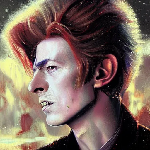 Prompt: young David Bowie, artists portrait, fantasy, highly detailed, digital painting, Abstract colours, concept art, sharp focus, depth of field blur, illustration, art by artgerm and greg rutkowski and alphonse mucha