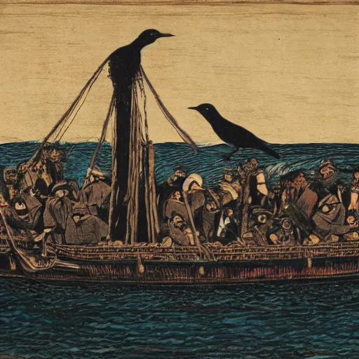Prompt: a black bird standing at the helm of a wooden rowboat filled with people sailing towards a ancient sailboat