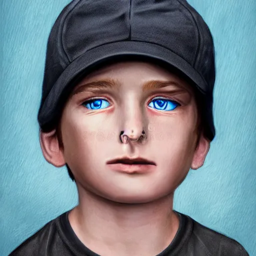 Prompt: a detailed portrait of a boy with light blue eyeswearing a black cap, realistic and detailed eyes, art illustration, incredibly highly detailed and realistic, 8 k, sharp focus