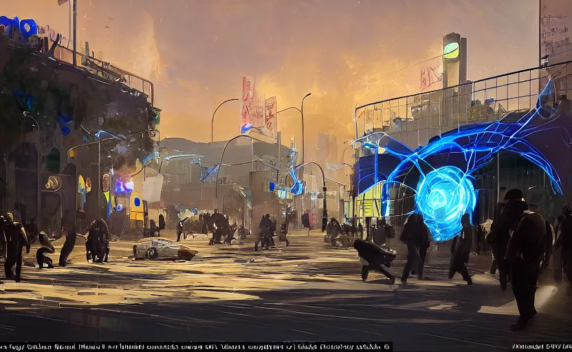 Image similar to people with posters attacking cops, a huge blue spiral - shaped white luminous attractor is floating on the horizon near the sun, stores in los angeles with light screens all over the street, concept art, art for the game, professional lighting, dark night lighting from streetlights, by ilya repin