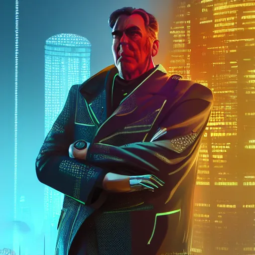 Image similar to cyberpunk leonid brezhnev as the leader of a futuristic communist nation, cybernetics, sharp lines, digital, artstation, colored in